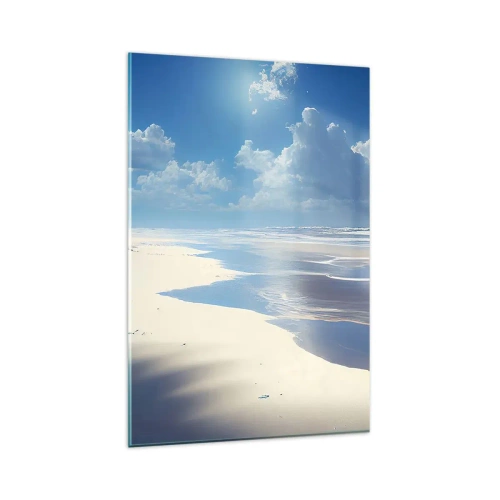 Quadro su vetro - Una spiaggia sabbiosa con onde sotto un cielo azzurro - 80x120cm - Vacanze in paradiso - Decorazione murale moderna per soggiorno e camera da letto ARTTOR