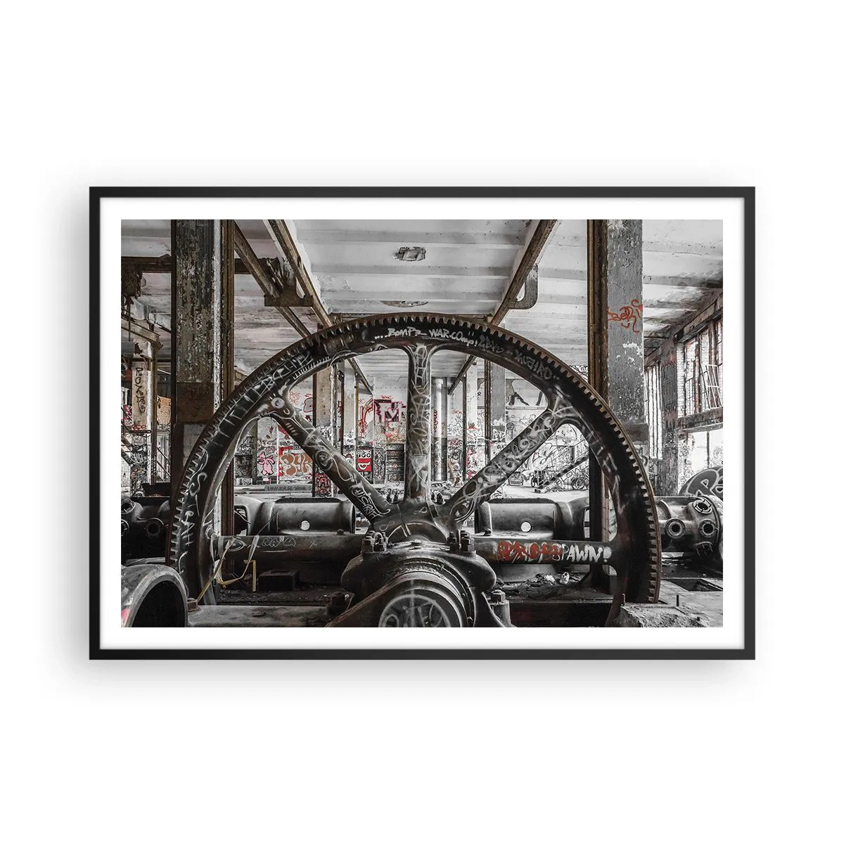 Poster in cornice nera - Un vecchio meccanismo in un interno industriale abbandonato - 100x70cm - La vita segreta della fabbrica - Decorazione murale moderna per soggiorno e camera da letto ARTTOR