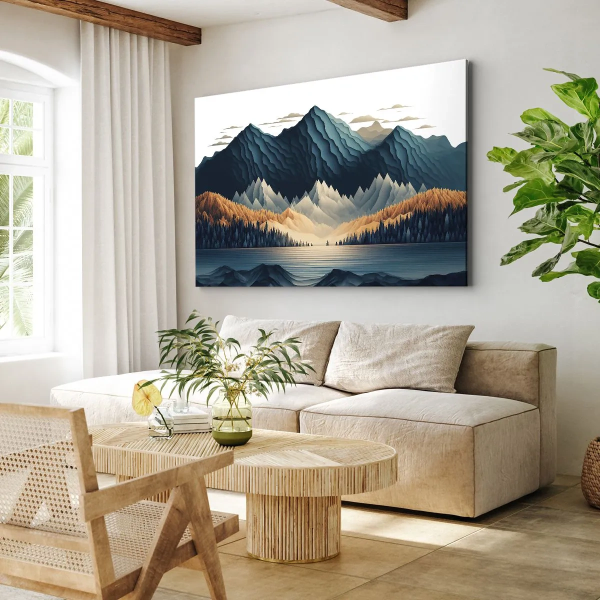 Quadro su tela - Stampe su Tela - Montagne pittoresche sul lago al tramonto - 120x80cm - Perfetto paesaggio montano - Decorazione murale moderna per soggiorno e camera da letto ARTTOR