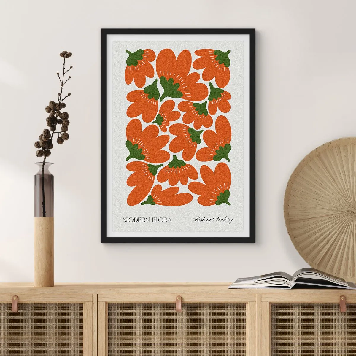 Poster in cornice nera - Fiori arancioni astratti su uno sfondo chiaro - 50x70cm - Dalla vita dei fiori - Decorazione murale moderna per soggiorno e camera da letto ARTTOR