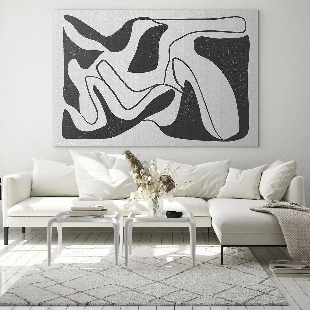 Quadro su vetro - Forme astratte in bianco e nero che ricordano un labirinto - 100x70cm - Gioco astratto nel labirinto - Decorazione murale moderna per soggiorno e camera da letto ARTTOR