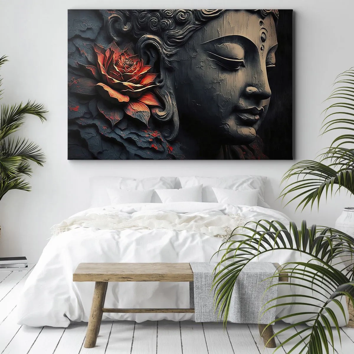 Quadro su tela - Stampe su Tela - Scultura del Buddha con un fiore di loto rosso - 120x80cm - In armonia con il mondo - Decorazione murale moderna per soggiorno e camera da letto ARTTOR