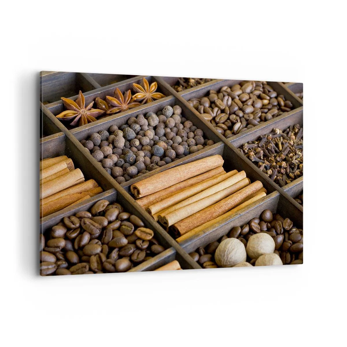 Quadro su tela - Stampe su Tela - Spezie e caffè in scomparti di legno - 100x70cm - Il tesoro degli aromi - Decorazione murale moderna per soggiorno e camera da letto ARTTOR
