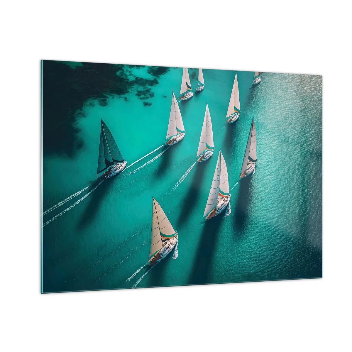 Quadro su vetro - Barche a vela su acque turchesi catturate da una vista a volo d'uccello - 100x70cm - In gara con il vento - Decorazione murale moderna per soggiorno e camera da letto ARTTOR