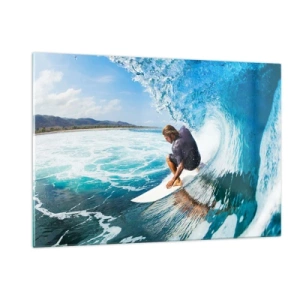 Quadro su vetro - Surfista in un tunnel d'acqua con l'oceano sullo sfondo - 120x80cm - Ballando con le onde - Decorazione murale moderna per soggiorno e camera da letto ARTTOR