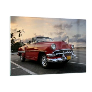 Quadro su vetro - Una decappottabile classica rossa sullo sfondo del tramonto - 120x80cm - Il calore rosso dei tropici - Decorazione murale moderna per soggiorno e camera da letto ARTTOR