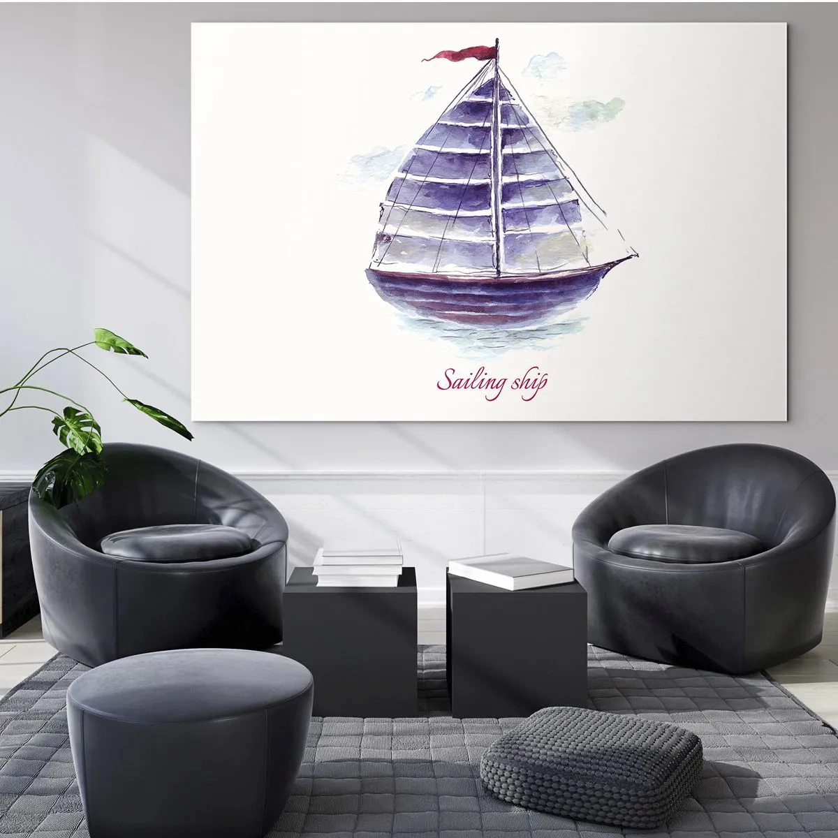 Quadro su vetro - Veliero acquerello con la scritta Veliero - 70x50cm - Gonfie vele e mare calmo - Decorazione murale moderna per soggiorno e camera da letto ARTTOR