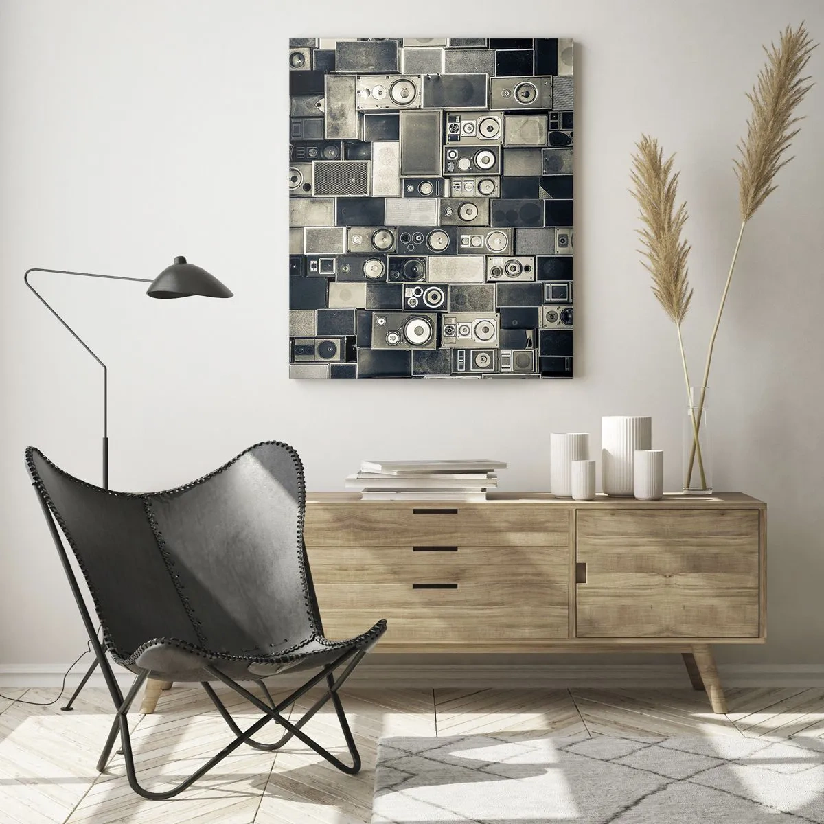 Quadro su vetro - Una composizione di altoparlanti retrò in tonalità di grigio - 50x70cm - Armonia di suoni - Decorazione murale moderna per soggiorno e camera da letto ARTTOR