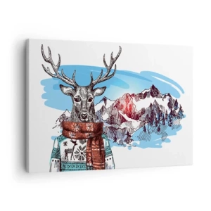 Quadro su tela - Stampe su Tela - Un cervo con un maglione invernale sullo sfondo di un paesaggio montano - 70x50cm - Anche il cervo non ha freddo - Decorazione murale moderna per soggiorno e camera da letto ARTTOR