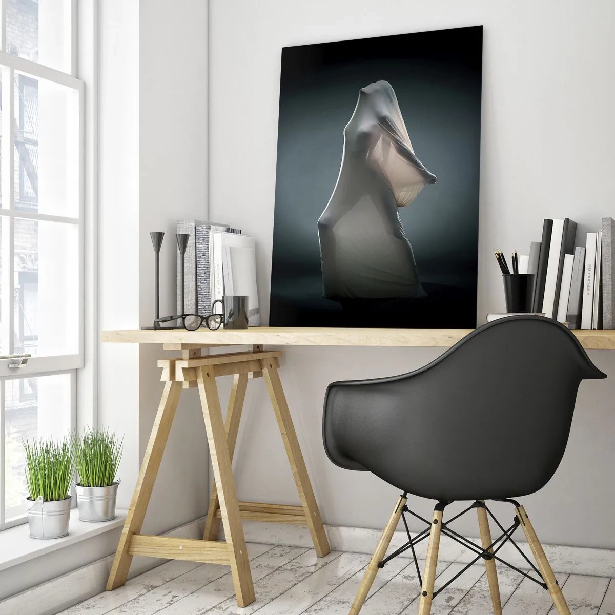 Quadro su vetro - Una figura in tessuto bianco su uno sfondo scuro - 70x100cm - Desideri nascosti - Decorazione murale moderna per soggiorno e camera da letto ARTTOR