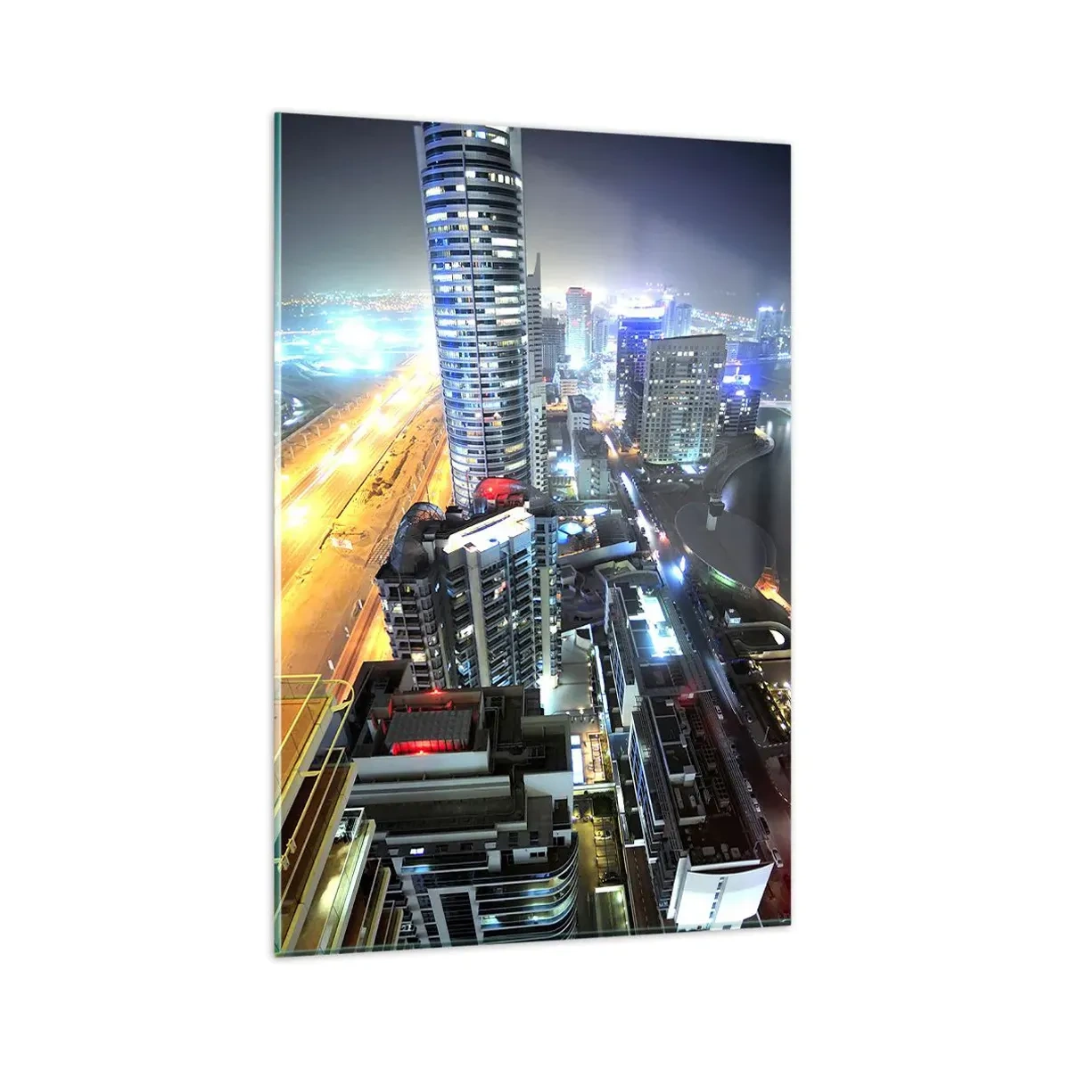 Quadro su vetro - Panorama della città notturna con grattacieli illuminati - 80x120cm - Miracolo nel deserto - Decorazione murale moderna per soggiorno e camera da letto ARTTOR