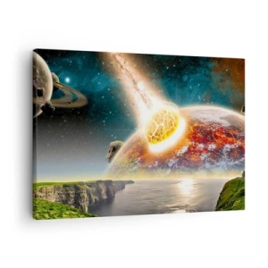 Quadro su tela - Stampe su Tela - Un meteorite si scontra con un pianeta in un paesaggio cosmico. - 70x50cm - Dramma cosmico - Decorazione murale moderna per soggiorno e camera da letto ARTTOR