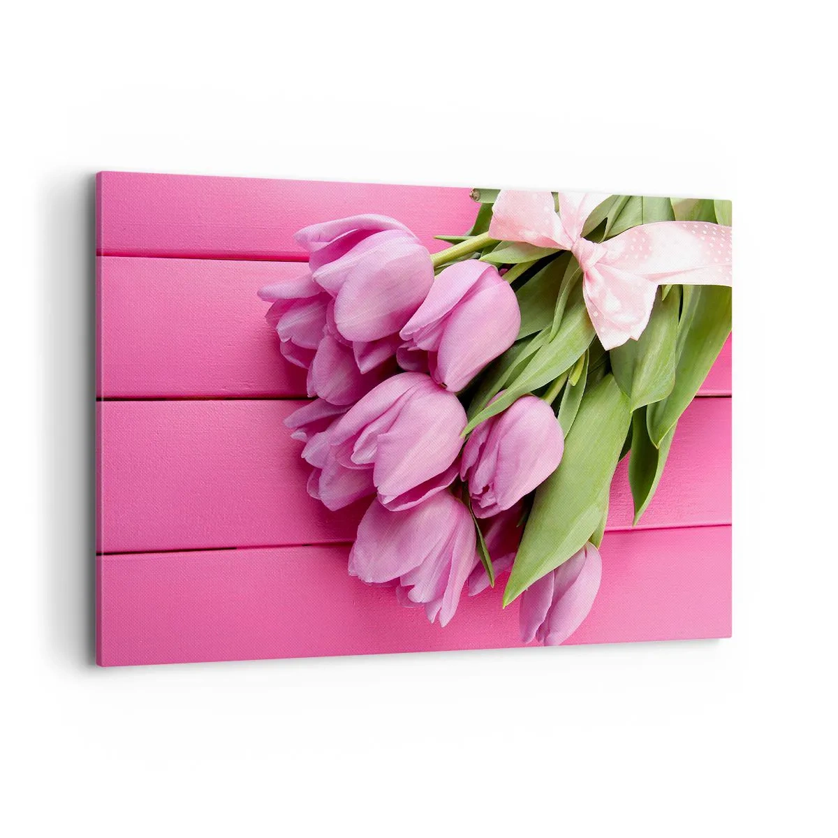 Quadro su tela - Stampe su Tela - Un mazzo di tulipani rosa con un fiocco su uno sfondo rosa - 120x80cm - Proprio per te - Decorazione murale moderna per soggiorno e camera da letto ARTTOR