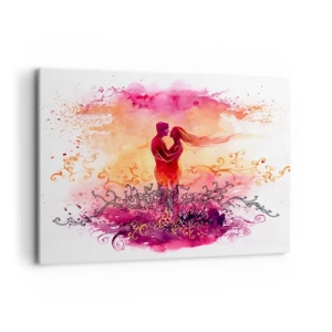 Quadro su tela - Stampe su Tela - Una coppia abbracciata su uno sfondo astratto rosa e arancione - 100x70cm - Un unico cuore! Mi basta così poco... - Decorazione murale moderna per soggiorno e camera da letto ARTTOR