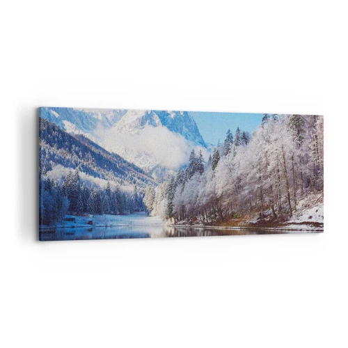 Quadro su tela - Stampe su Tela - Paesaggio montano invernale con alberi innevati e un lago - 120x50cm - Il custode innevato - Decorazione murale moderna per soggiorno e camera da letto ARTTOR