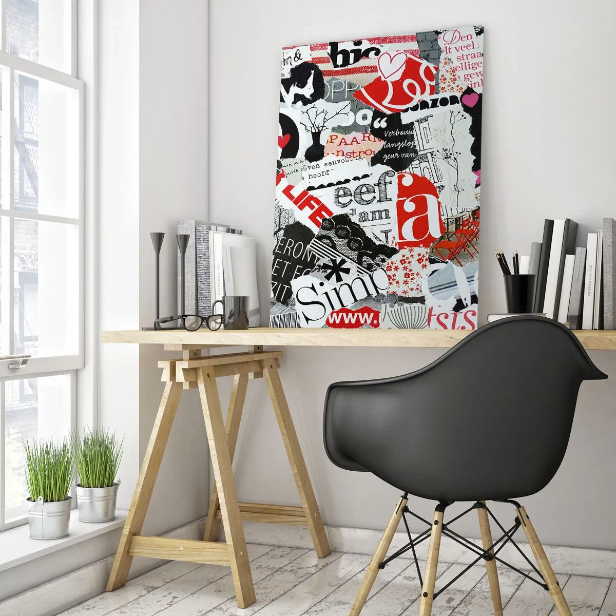 Quadro su vetro - Un collage di lettere, cuori e alberi in stile artistico. - 50x70cm - Collage hipster - Decorazione murale moderna per soggiorno e camera da letto ARTTOR