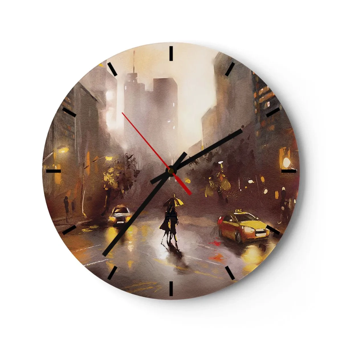 Orologio da parete - Orologio in Vetro - Una strada cittadina in calde tonalità durante la pioggia - 30x30cm - Nelle luci di New York - Decorazione murale moderna per soggiorno, cucina e camera da letto ARTTOR