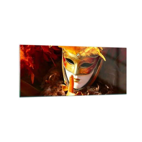 Quadro su vetro - Maschera di Carnevale nei toni dell'oro e dell'arancione - 120x50cm - Il mistero è parte del gioco - Decorazione murale moderna per soggiorno e camera da letto ARTTOR