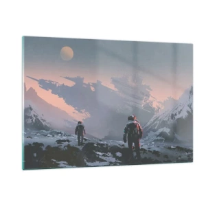 Quadro su vetro - Astronauti su un pianeta alieno con un relitto sullo sfondo - 120x80cm - Sotto una stella sconosciuta - Decorazione murale moderna per soggiorno e camera da letto ARTTOR
