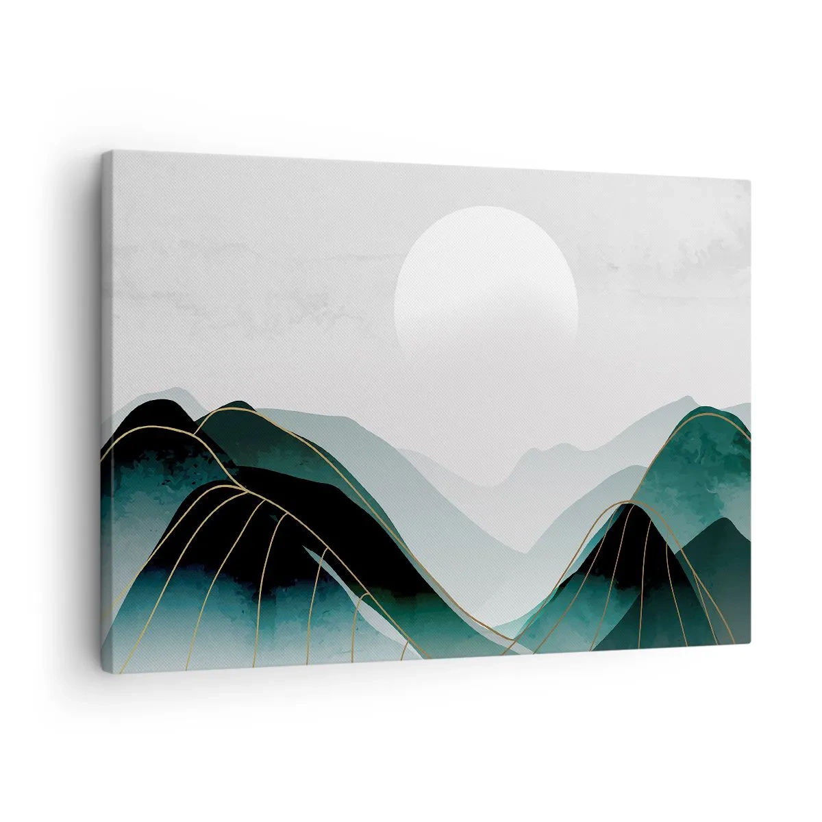 Quadro su tela - Stampe su Tela - Paesaggio montano astratto con la luna e linee dorate - 70x50cm - In tutta la maestà - Decorazione murale moderna per soggiorno e camera da letto ARTTOR