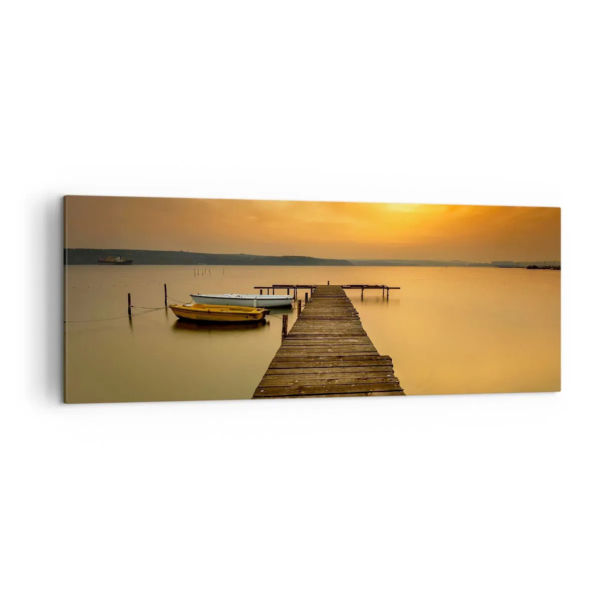 Quadro su tela - Stampe su Tela - Pontile in legno e barche sul lago al tramonto - 140x50cm - Ti apro il cielo dorato - Decorazione murale moderna per soggiorno e camera da letto ARTTOR