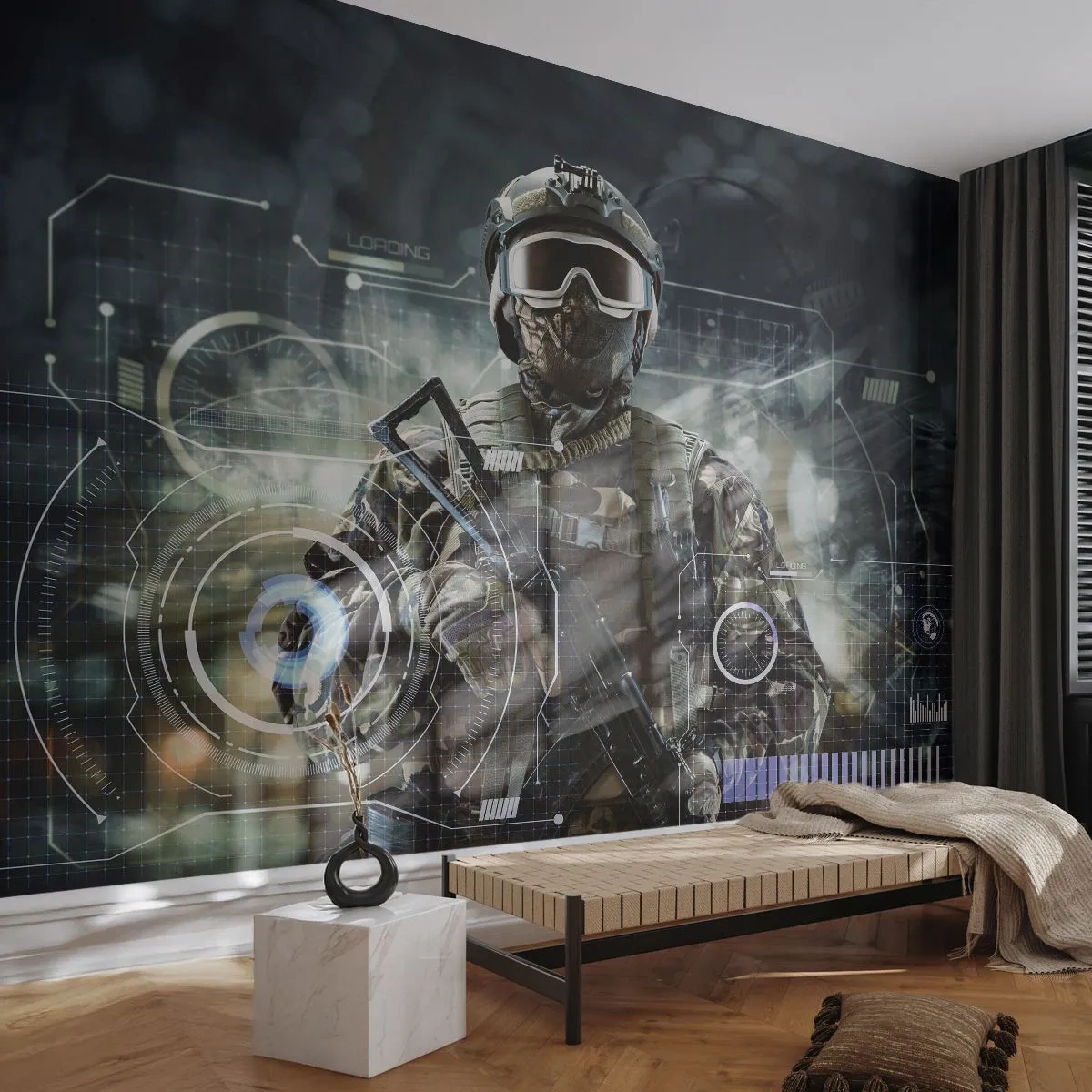 Fotomurali Premium Sand - Soldato futuristico in uniforme con elementi digitali - 100x70cm - Potenza al quadrato - Decorazione murale moderna per soggiorno e camera da letto ARTTOR