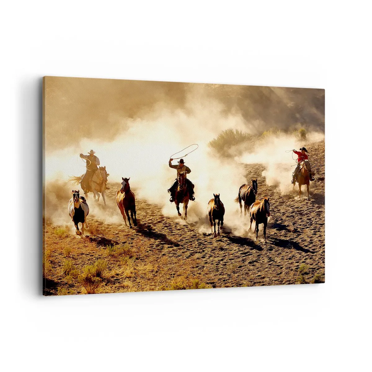 Quadro su tela - Stampe su Tela - Cowboy a cavallo in azione nel terreno desertico - 100x70cm - Il vero Far West - Decorazione murale moderna per soggiorno e camera da letto ARTTOR
