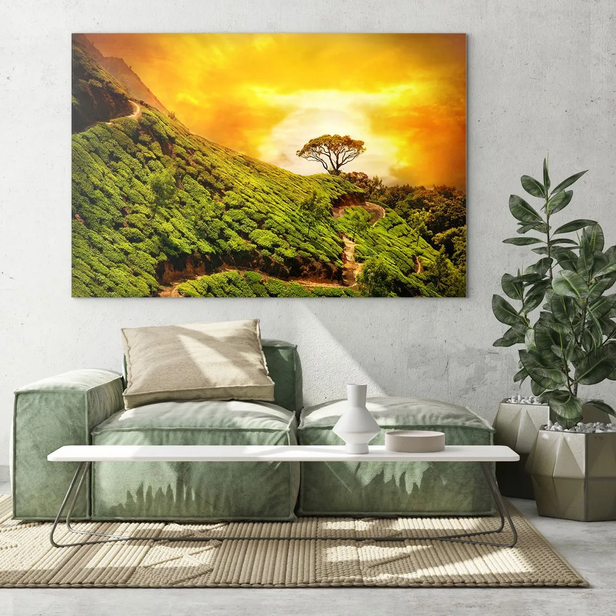 Quadro su vetro - Colline verdi con un albero solitario al tramonto - 70x50cm - Sentiero tortuoso, pendio verde - Decorazione murale moderna per soggiorno e camera da letto ARTTOR
