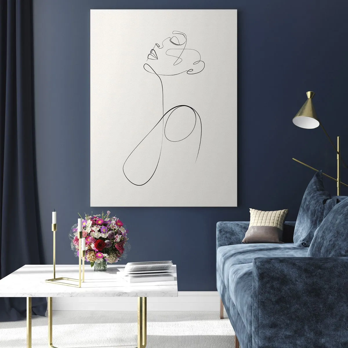 Quadro su vetro - Volto femminile e silhouette in stile line art su sfondo bianco - 50x70cm - Avvolta nei sogni - Decorazione murale moderna per soggiorno e camera da letto ARTTOR