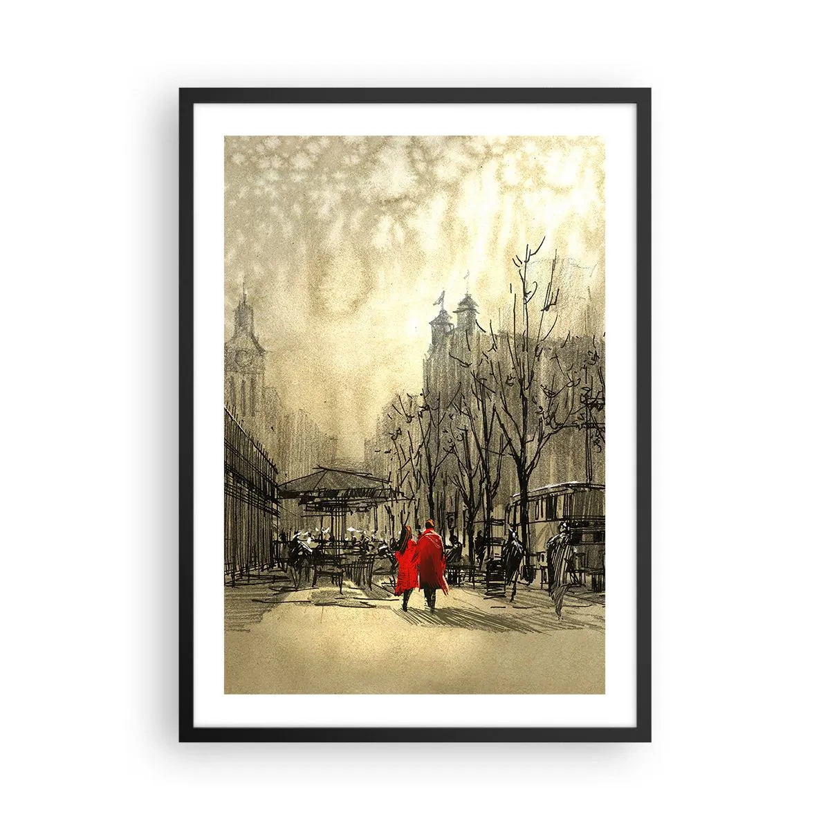 Poster in cornice nera - Una figura con un cappotto rosso sullo sfondo di una città invernale - 50x70cm - Appuntamento nella nebbia di Londra  - Decorazione murale moderna per soggiorno e camera da letto ARTTOR