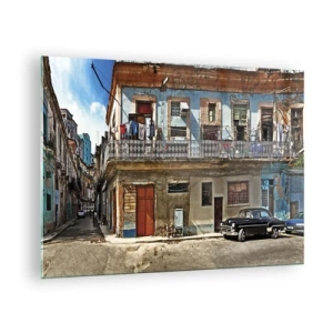 Quadro su vetro - Strada retrò con edifici classici e un'auto - 70x50cm - Atmosfera dell'Avana - Decorazione murale moderna per soggiorno e camera da letto ARTTOR
