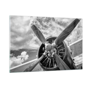 Quadro su vetro - Primo piano dell'elica di un aereo in bianco e nero. - 120x80cm - Il dominatore dell'aria - Decorazione murale moderna per soggiorno e camera da letto ARTTOR