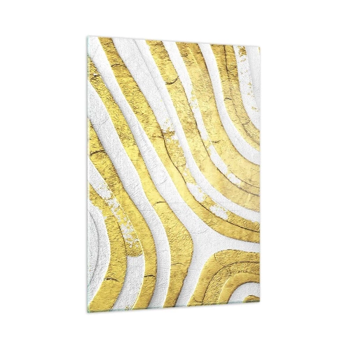 Quadro su vetro - Onde astratte dorate e bianche con effetto materico - 50x70cm - Composizione in bianco e oro - Decorazione murale moderna per soggiorno e camera da letto ARTTOR