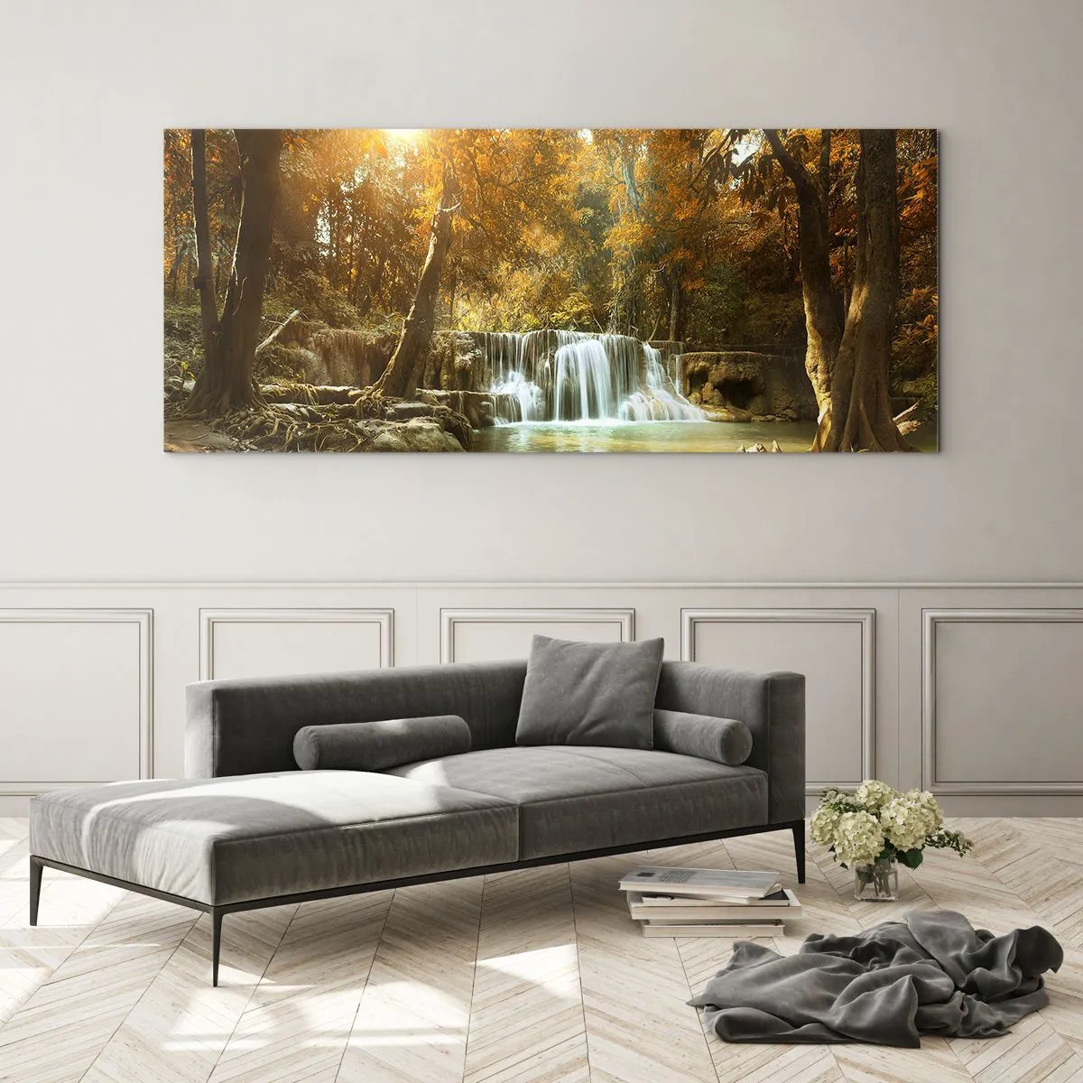 Quadro su vetro - Paesaggio autunnale con cascata - 160x50cm - Cascata nel parco - Decorazione murale moderna per soggiorno e camera da letto ARTTOR