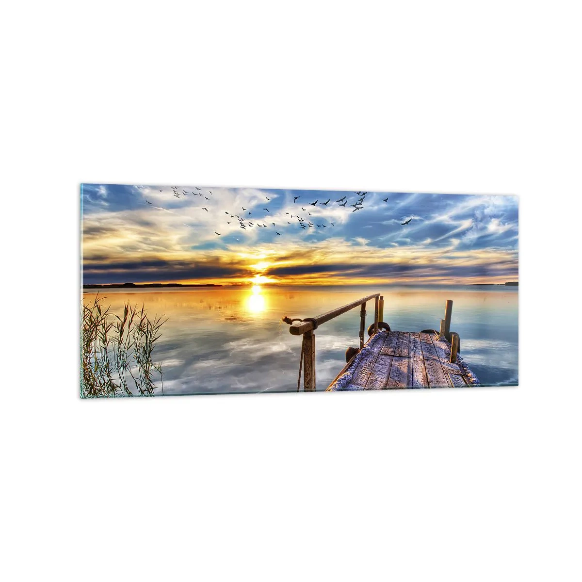 Quadro su vetro - Molo di legno sul lago al tramonto - 120x50cm - Il vento è andato a dormire - Decorazione murale moderna per soggiorno e camera da letto ARTTOR