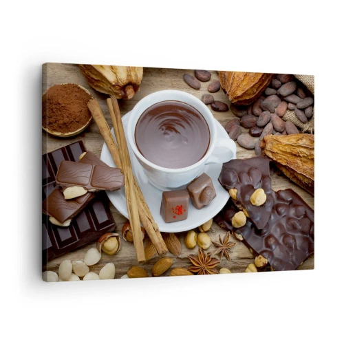 Quadro su tela - Stampe su Tela - Una tazza di cioccolata calda circondata da ingredienti per dessert - 70x50cm - Dalla fantastica fabbrica di cioccolato - Decorazione murale moderna per soggiorno e camera da letto ARTTOR