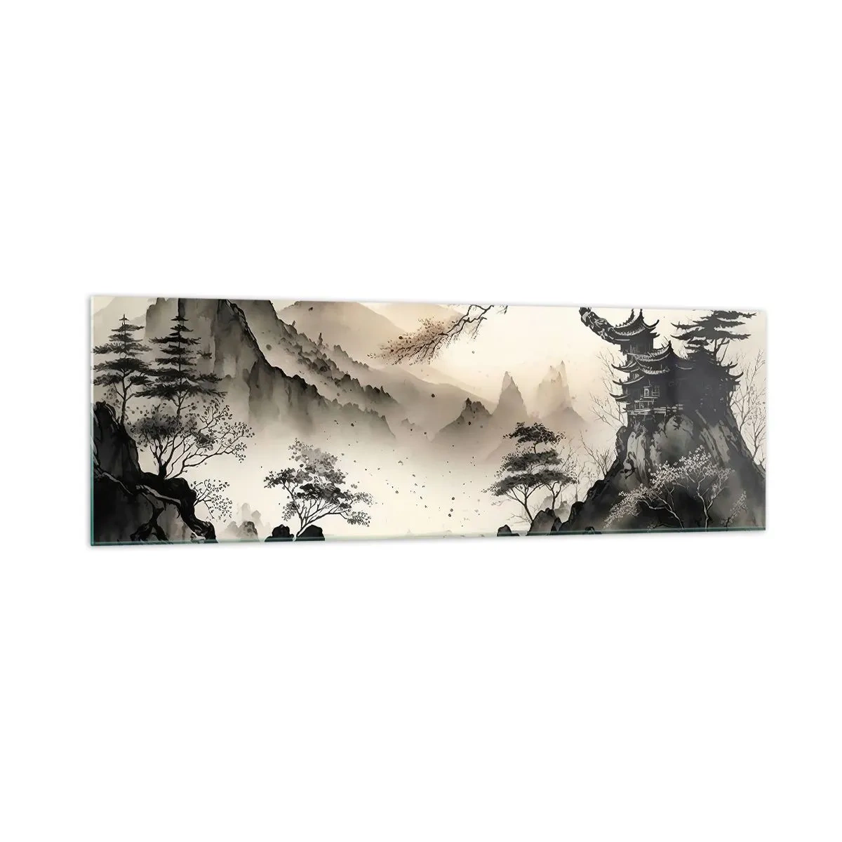 Quadro su vetro - Un paesaggio orientale con montagne e una pagoda dalle tonalità delicate. - 160x50cm - Il fascino irripetibile dell'oriente - Decorazione murale moderna per soggiorno e camera da letto ARTTOR