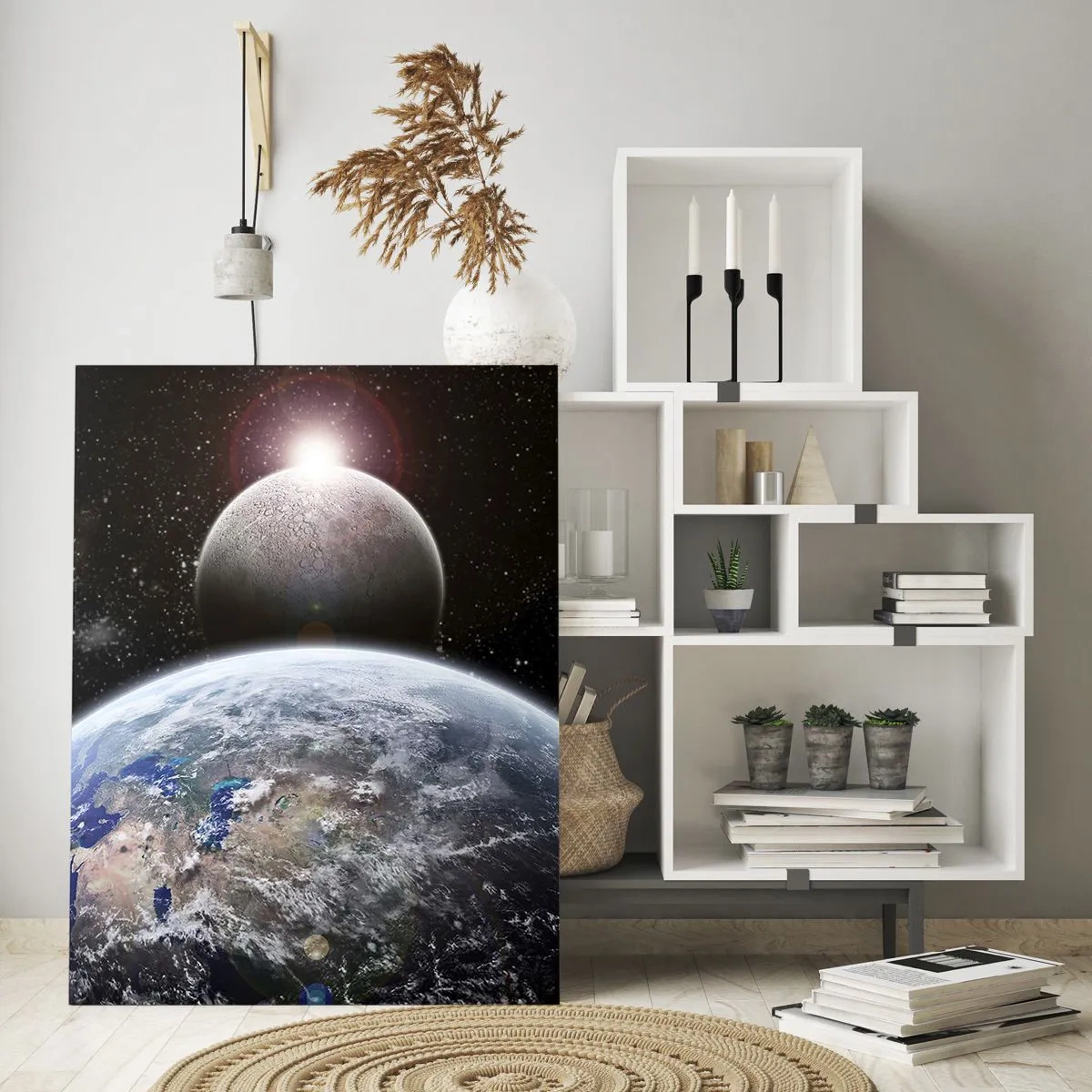 Quadro su vetro - Terra e Luna nello spazio - 50x70cm - Paesaggio cosmico: sorgere del sole - Decorazione murale moderna per soggiorno e camera da letto ARTTOR
