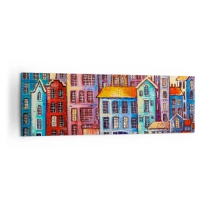Quadro su tela - Stampe su Tela - Case popolari colorate in riva all'acqua in stile artistico - 160x50cm - Una città da favola - Decorazione murale moderna per soggiorno e camera da letto ARTTOR