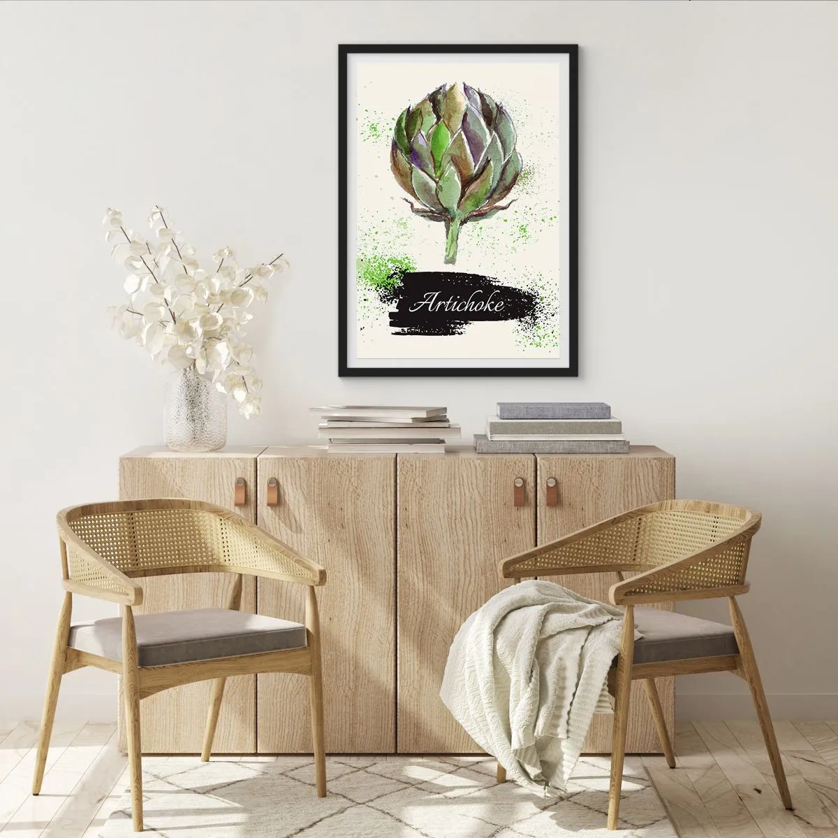 Poster in cornice nera - Illustrazione ad acquerello di un carciofo su sfondo chiaro - 50x70cm - Evviva la verdura! - Decorazione murale moderna per soggiorno e camera da letto ARTTOR