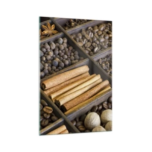 Quadro su vetro - Spezie e caffè in scomparti di legno - 70x100cm - Il tesoro degli aromi - Decorazione murale moderna per soggiorno e camera da letto ARTTOR