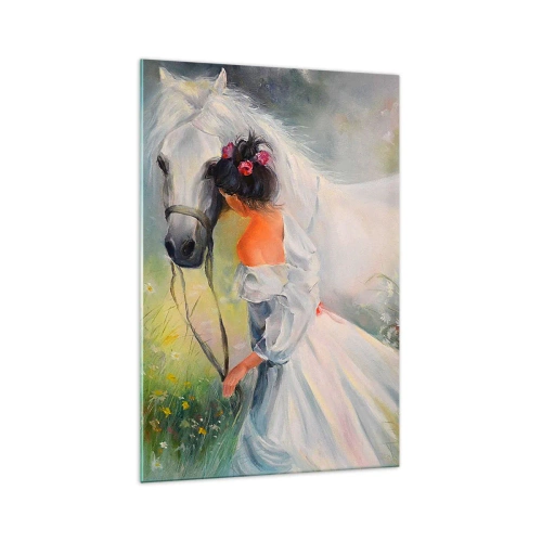 Quadro su vetro - Una donna con un cavallo bianco in un ambiente pittoresco - 70x100cm - Come in un bel sogno - Decorazione murale moderna per soggiorno e camera da letto ARTTOR