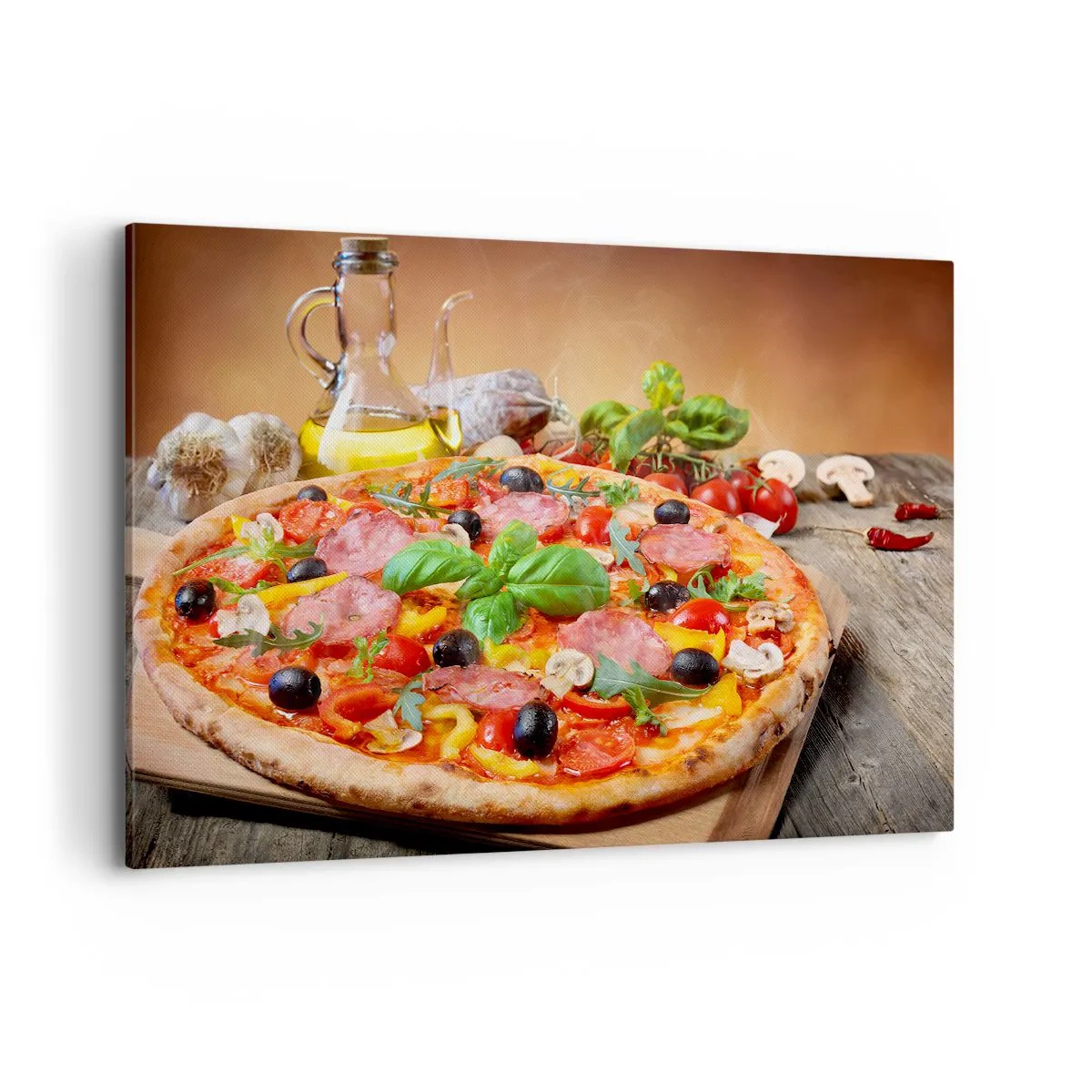 Quadro su tela - Stampe su Tela - Pizza appetitosa su un tavolo di legno con condimenti - 120x80cm - Con gusto veramente italiano - Decorazione murale moderna per soggiorno e camera da letto ARTTOR