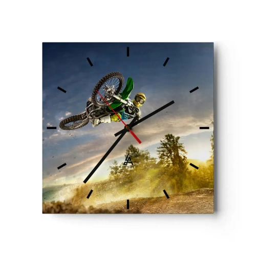 Orologio da parete - Orologio in Vetro - Motociclista in un salto dinamico - 30x30cm - Accendi le emozioni! - Decorazione murale moderna per soggiorno e camera da letto ARTTOR