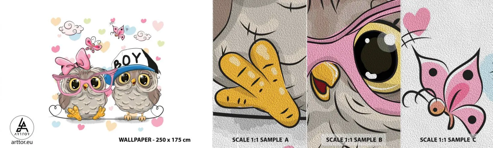 Campione di Fotomurale Premium Sand - Amiamoci! - Per bambini, Gufo, Farfalla - 100x30 cm