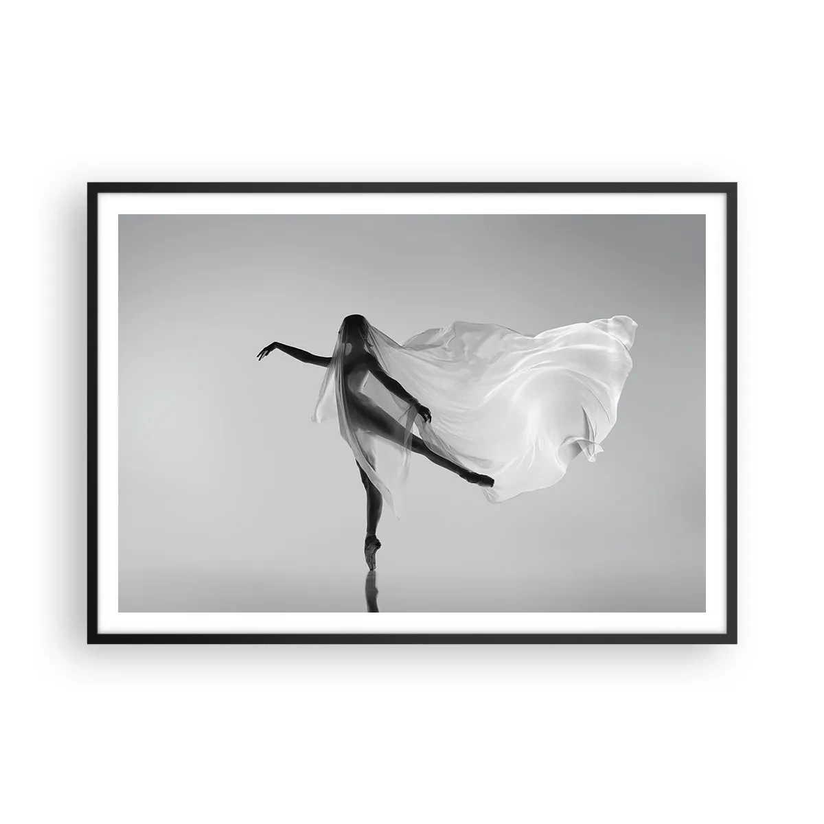 Poster in cornice nera - Una ballerina in una posa eterea con tessuto fluido - 100x70cm - Leggerezza ed eleganza - Decorazione murale moderna per soggiorno e camera da letto ARTTOR