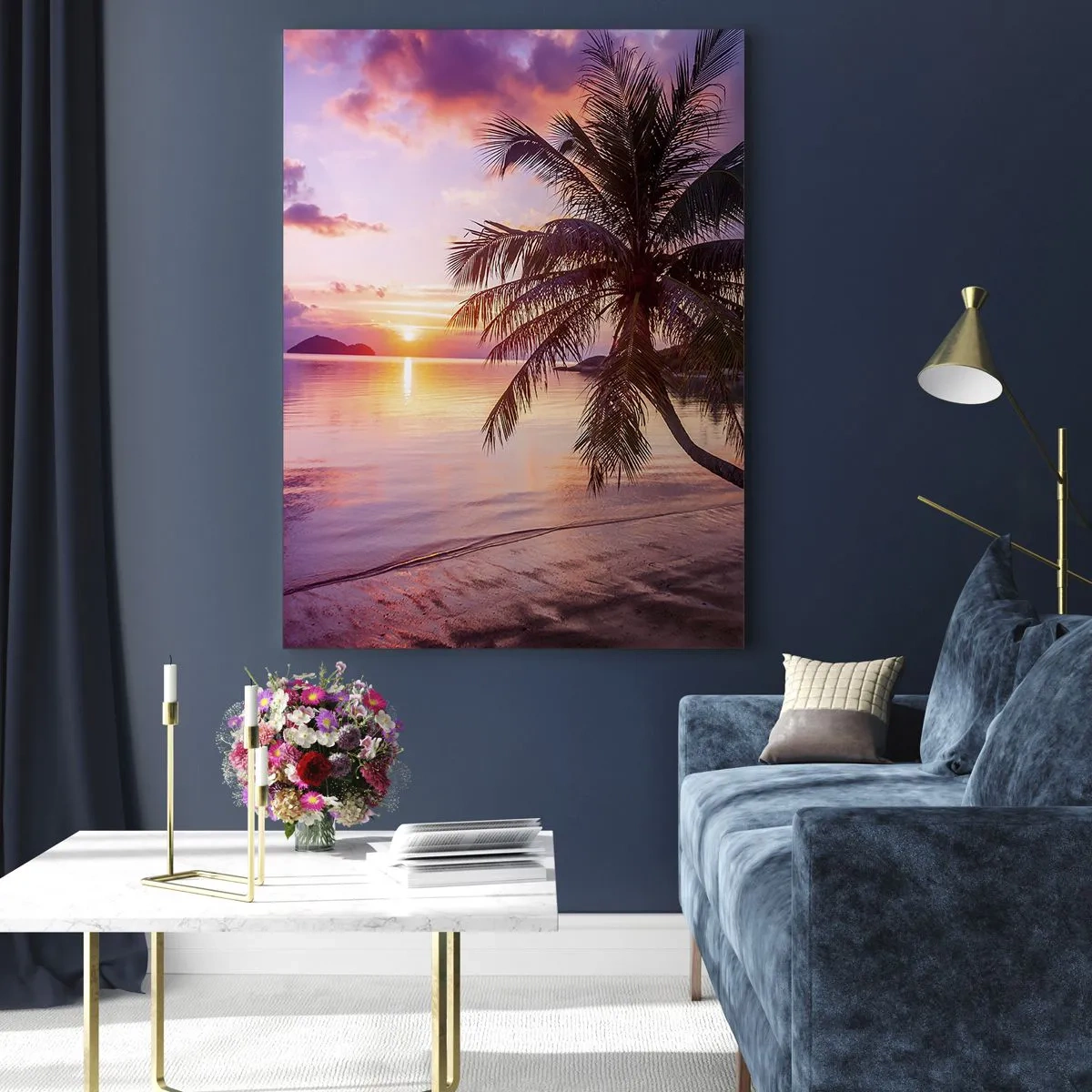 Quadro su vetro - Spiaggia esotica con una palma al tramonto - 50x70cm - Beatitudine a perdita d'occhio - Decorazione murale moderna per soggiorno e camera da letto ARTTOR