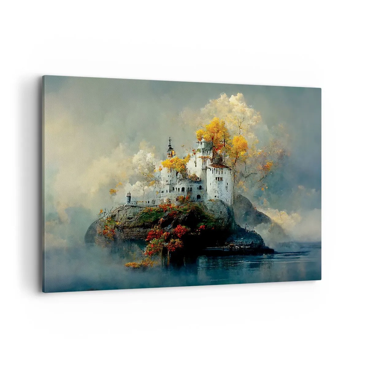 Quadro su tela - Stampe su Tela - Un castello su una collina circondato da alberi autunnali - 120x80cm - Inizio di una storia romantica - Decorazione murale moderna per soggiorno e camera da letto ARTTOR