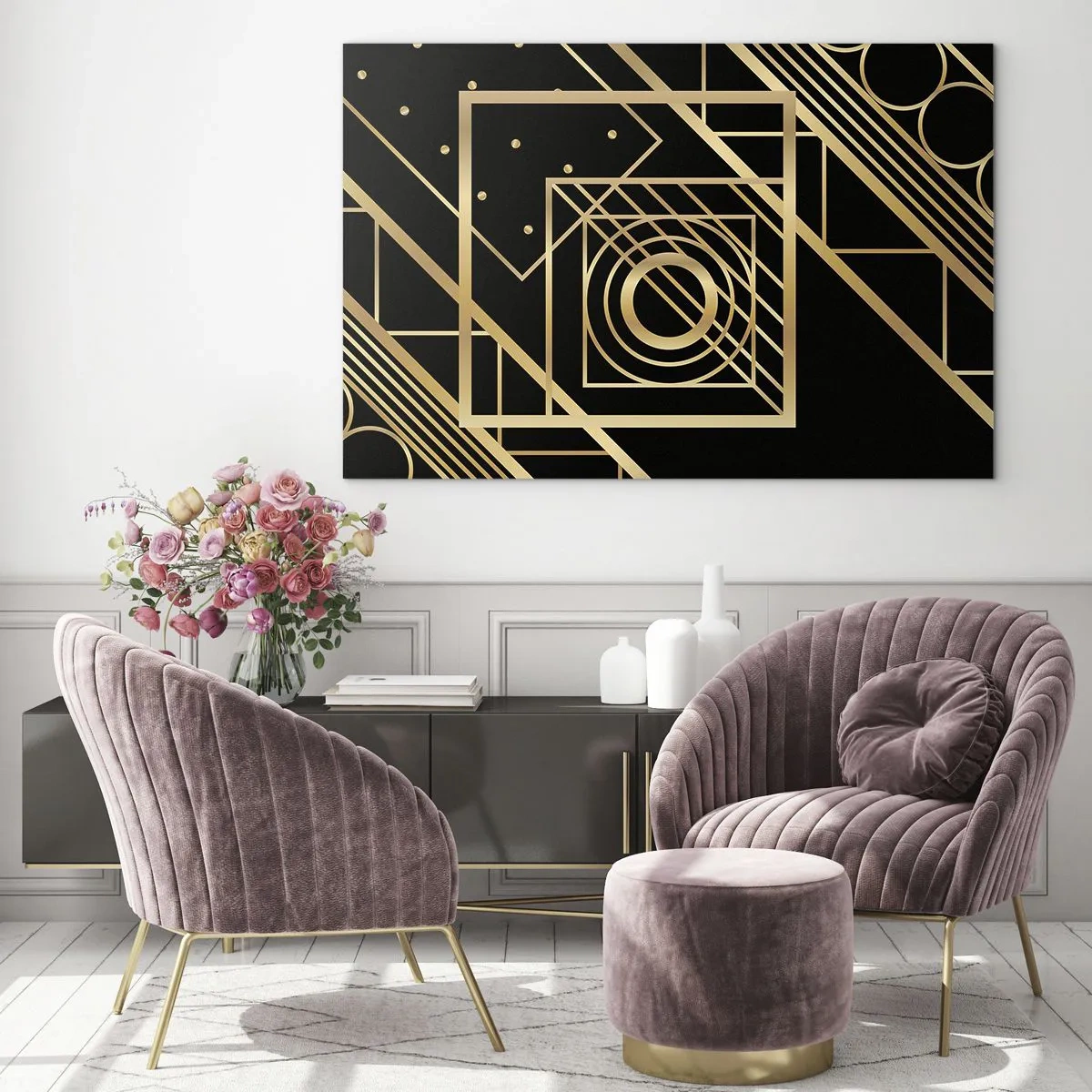Quadro su vetro - Motivi geometrici dorati su sfondo nero - 100x70cm - Geometria dorata - Decorazione murale moderna per soggiorno e camera da letto ARTTOR