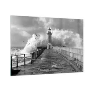 Quadro su vetro - Una foto in bianco e nero di un faro in mezzo alle onde che si infrangono. - 100x70cm - Senza paura - Decorazione murale moderna per soggiorno e camera da letto ARTTOR